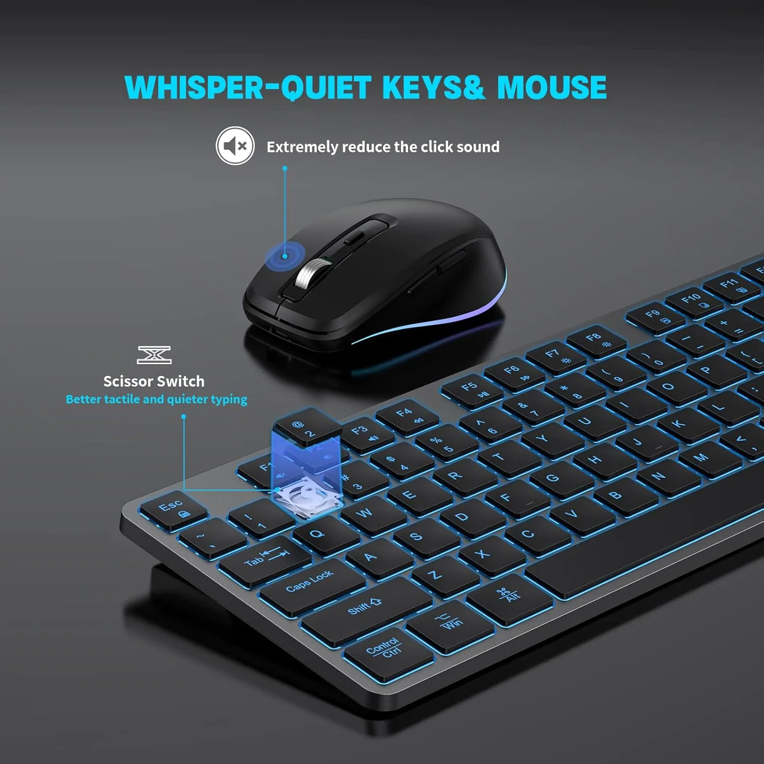 Wireless Keyboard and Mouse, Rechargeable Bluetooth Key Board Mouse Combo, Jiggle,Slim Full Size Silent 7 Color Backlit 2.4G USB Keyboard for Windows/Mac/iMac/MacBook/Laptop/PC, Gray