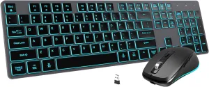 Wireless Keyboard and Mouse, Rechargeable Bluetooth Key Board Mouse Combo, Jiggle,Slim Full Size Silent 7 Color Backlit 2.4G USB Keyboard for Windows/Mac/iMac/MacBook/Laptop/PC, Gray