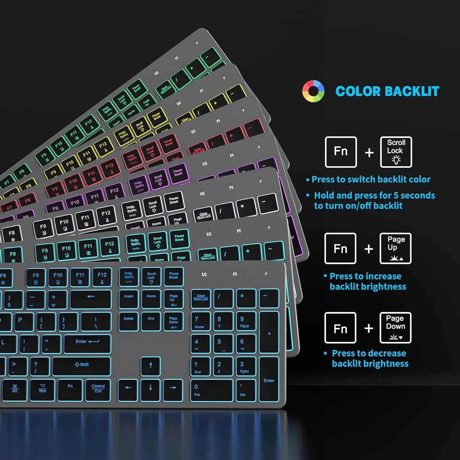 Wireless Keyboard and Mouse, Rechargeable Bluetooth Key Board Mouse Combo, Jiggle,Slim Full Size Silent 7 Color Backlit 2.4G USB Keyboard for Windows/Mac/iMac/MacBook/Laptop/PC, Gray