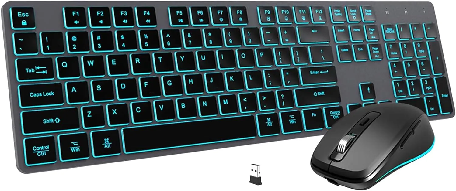 Wireless Keyboard and Mouse, Rechargeable Bluetooth Key Board Mouse Combo, Jiggle,Slim Full Size Silent 7 Color Backlit 2.4G USB Keyboard for Windows/Mac/iMac/MacBook/Laptop/PC, Gray