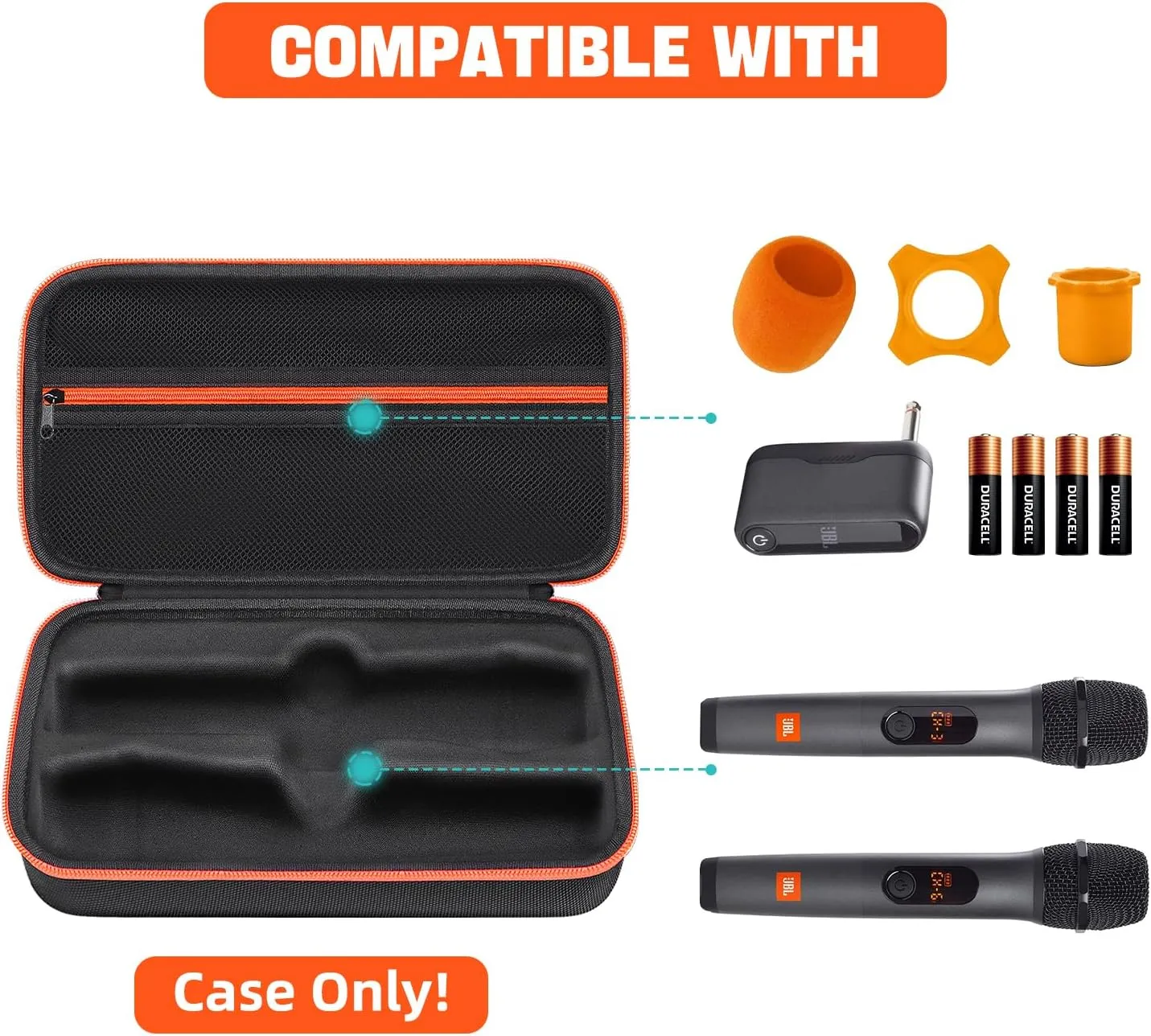 Wireless Microphone Case Compatible with JBL Wireless Two Microphone System/JBL PartyBox Wireless Mic, Portable Mic Travel Bag Storage Box for Receiver, AA Batteries, Charger (Case Only!)