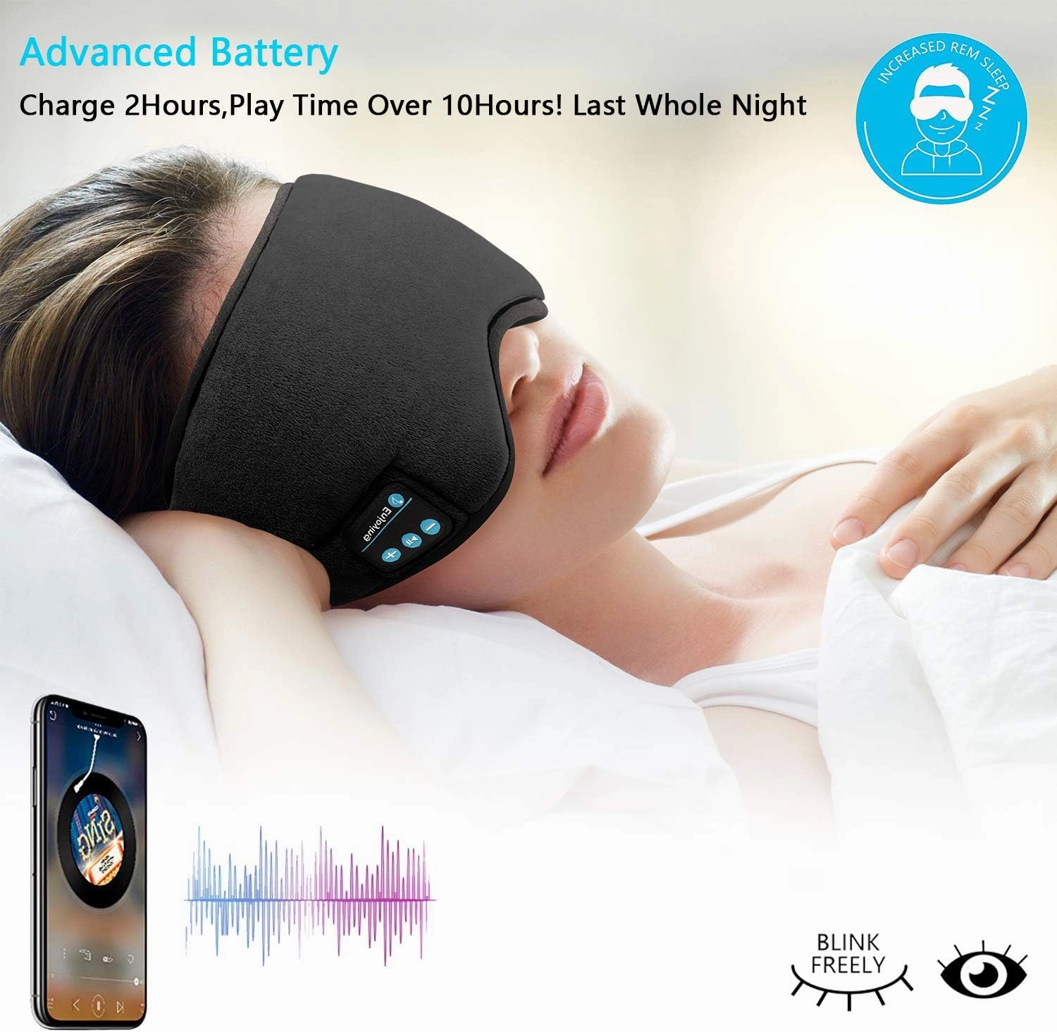Wireless Sleep Mask,SKEYEOL Sleep Headphones,Adjustable&Washable Music Travel Sleeping Headset with Built-in Speakers Microphone Hands-Free for Air Travel,Siesta and Sleeping