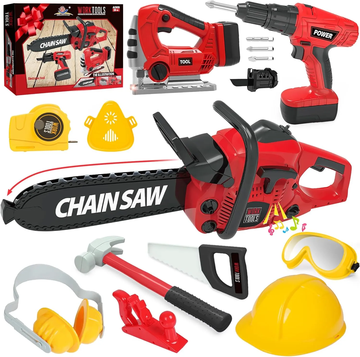 WishaLife Kids Tool Set - Toddler Tool Set with Toy Chainsaw, Drill, Pretend Play Construction Tools Toy Gift for Boys, Girls Age 3 4 5 6 7