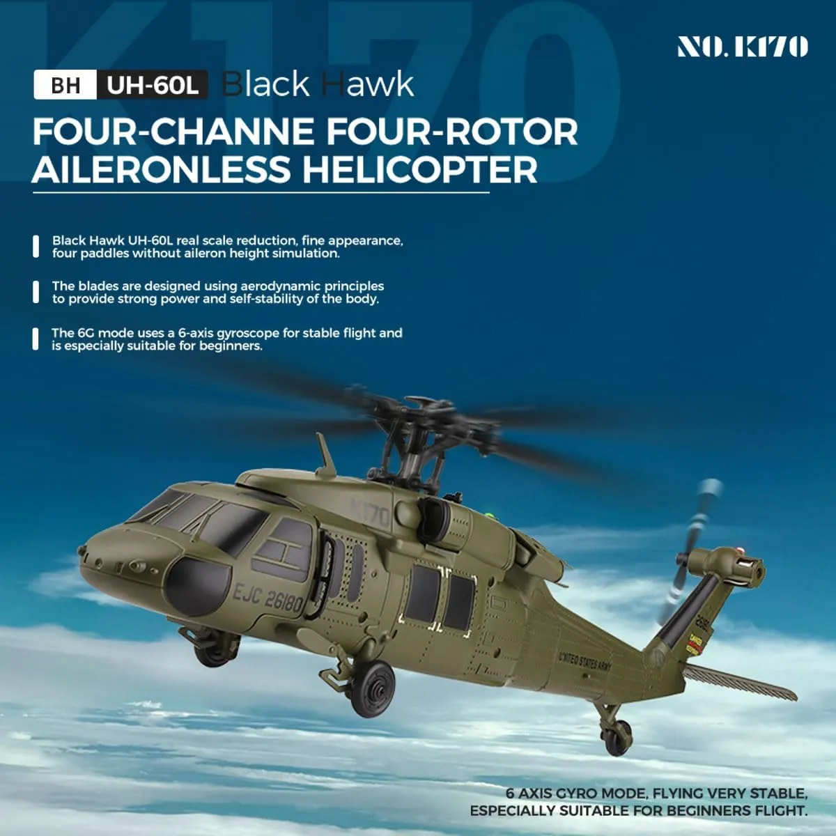 WL K170 RC Helicopter for Adults, UH-60L 170 2.4G 4CH Brushless Motor Flybarless RC Helicopter, Outdoor Hobby RC Toy Model, Throttle Adjustable (RTF Version)