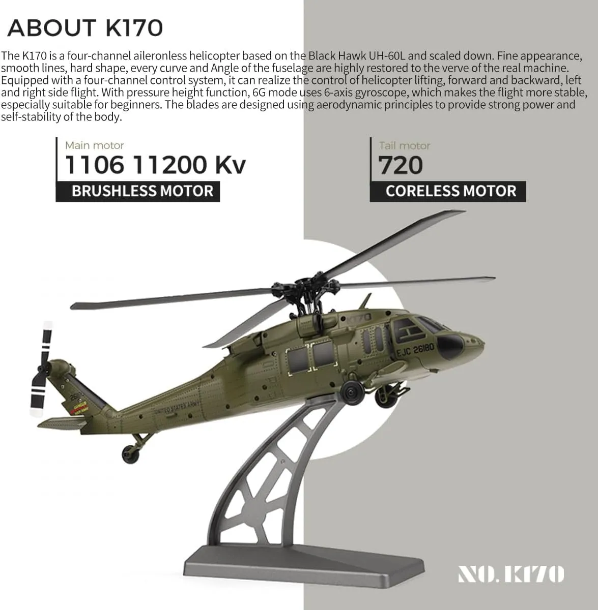WL K170 RC Helicopter for Adults, UH-60L 170 2.4G 4CH Brushless Motor Flybarless RC Helicopter, Outdoor Hobby RC Toy Model, Throttle Adjustable (RTF Version)