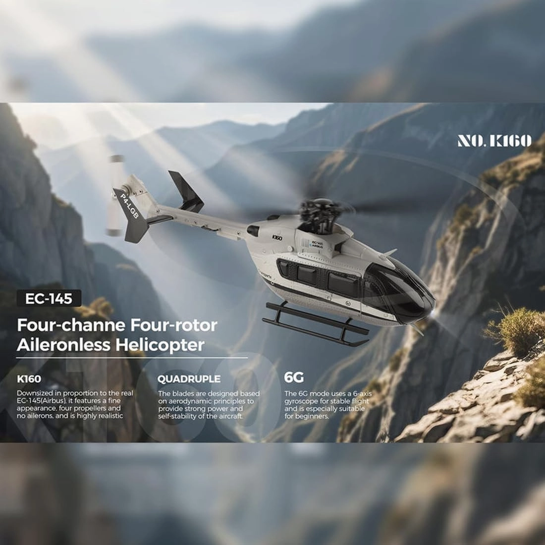 WL K160 RC Helicopter, 6-Axis Gyro 1:32 Scale EC-145 160-Class 4CH 2.4GHz Flybarless Aircraft with Altitude Hold & One-Key Take Off/Landing & Adjustable Throttle – RTF/ 2 Battery