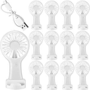 Woanger 12 Pcs Mini Handheld Fan Bulk 3 Speed USB Electric Battery Operated Small Portable Pocket Fan with Data Cable and Mounting Base Quiet Summer Gift for Wedding Camping Travel (White)
