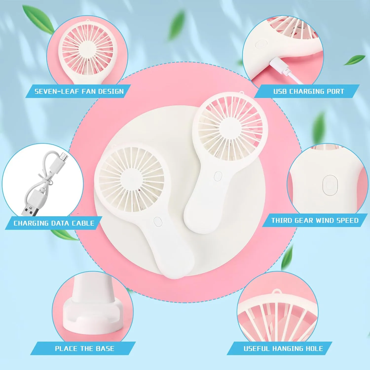 Woanger 12 Pcs Mini Handheld Fan Bulk 3 Speed USB Electric Battery Operated Small Portable Pocket Fan with Data Cable and Mounting Base Quiet Summer Gift for Wedding Camping Travel (White)