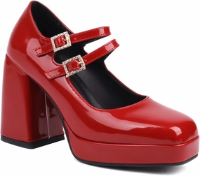 Women's Mary Jane Shoes Patent Leather Platform Closed Squared Toe Retro High Chunky Block Heels Double Ankle Strap Ladies Pumps for Dress Office Work Wedding Party Prom