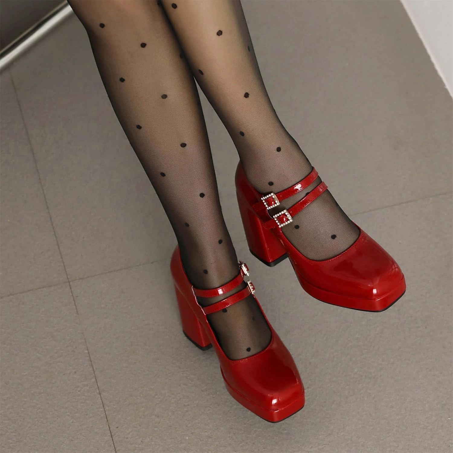 Women's Mary Jane Shoes Patent Leather Platform Closed Squared Toe Retro High Chunky Block Heels Double Ankle Strap Ladies Pumps for Dress Office Work Wedding Party Prom