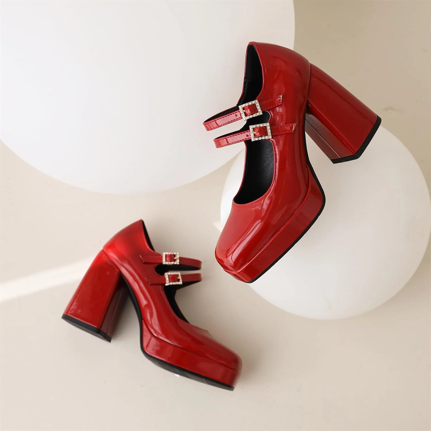 Women's Mary Jane Shoes Patent Leather Platform Closed Squared Toe Retro High Chunky Block Heels Double Ankle Strap Ladies Pumps for Dress Office Work Wedding Party Prom