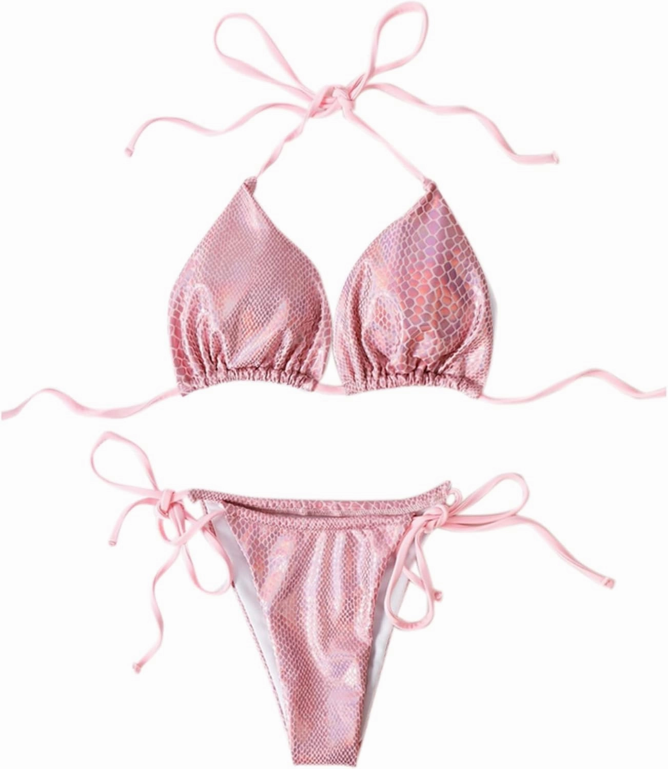 Women Sexy Reflective Halter Strap Bikini Set Metallic Two Piece Swimsuit Triangle Bathing Suits Swimwear