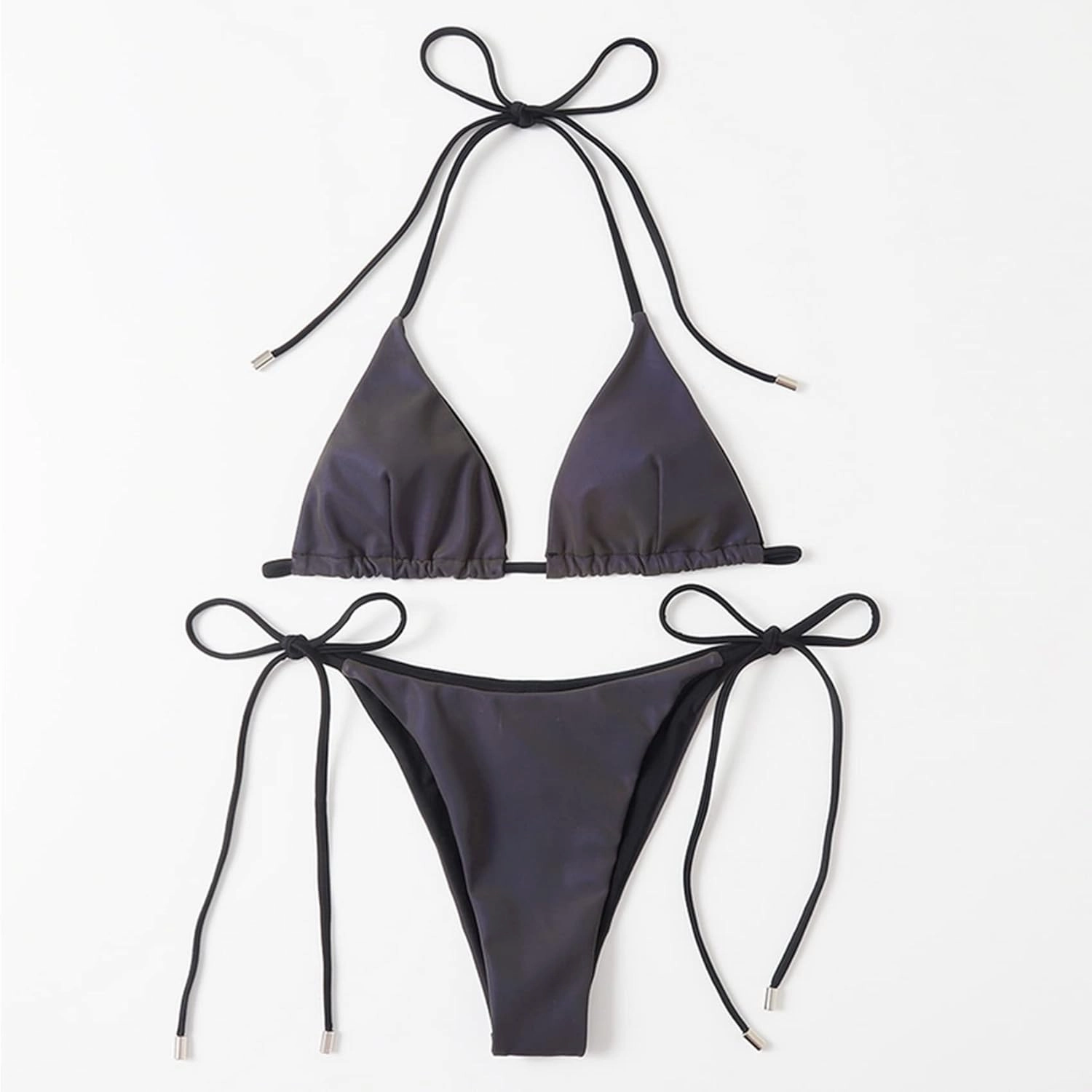 Women Sexy Reflective Halter Strap Bikini Set Metallic Two Piece Swimsuit Triangle Bathing Suits Swimwear