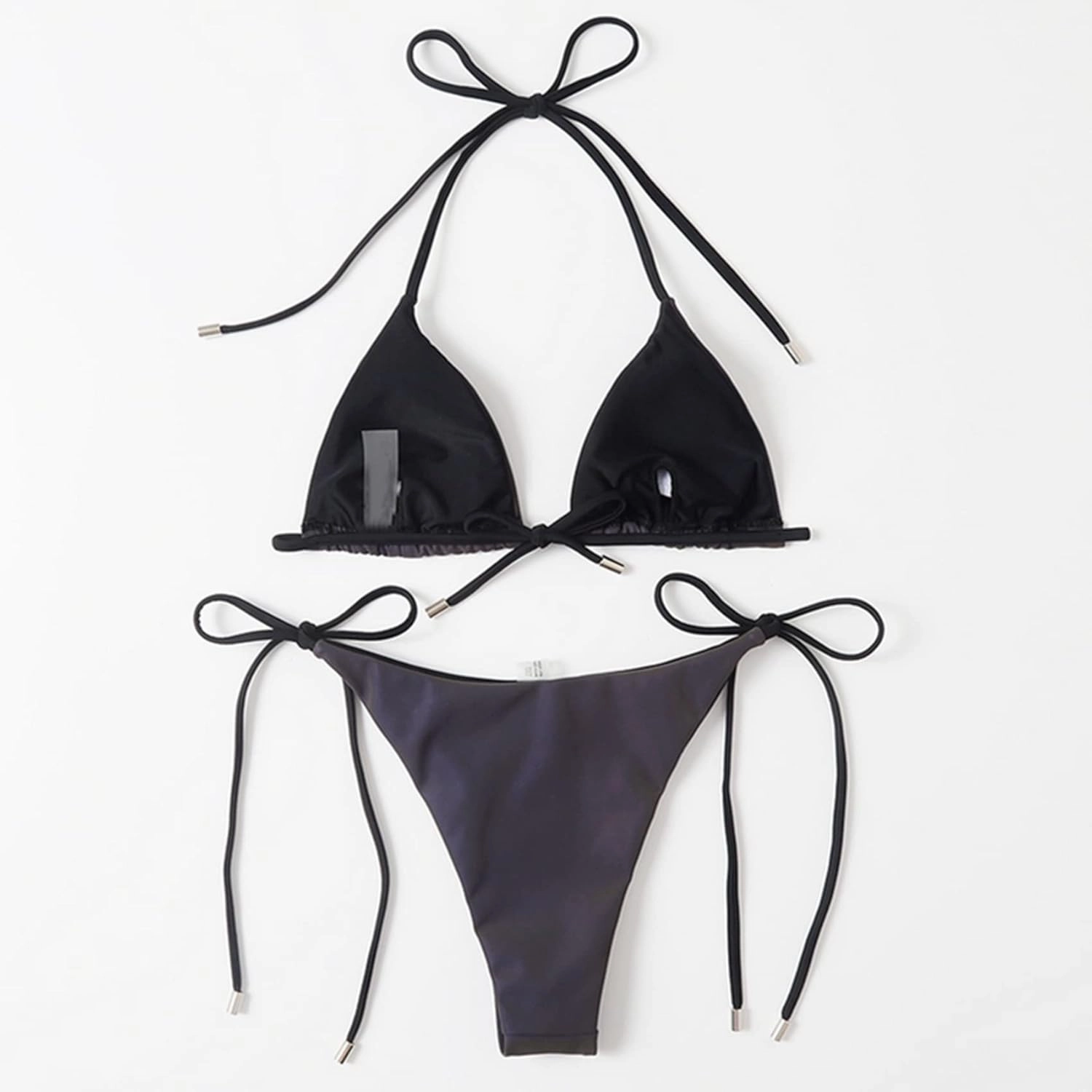 Women Sexy Reflective Halter Strap Bikini Set Metallic Two Piece Swimsuit Triangle Bathing Suits Swimwear