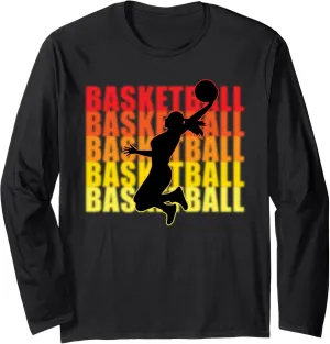 Womens Basketball Slam Dunk Yellow Orange Sunset Background Long Sleeve T-Shirt