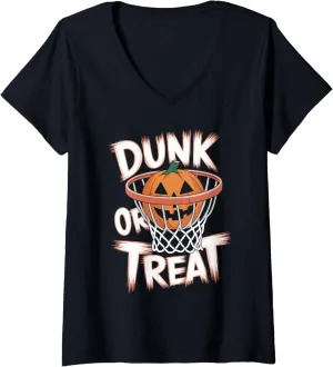 Womens Dunk or Treat Halloween Basketball T Shirt Spooky Basketball V-Neck T-Shirt