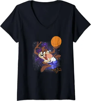 Womens Space Jam Classic Space Taz Galactic Basketball Dunk V-Neck T-Shirt