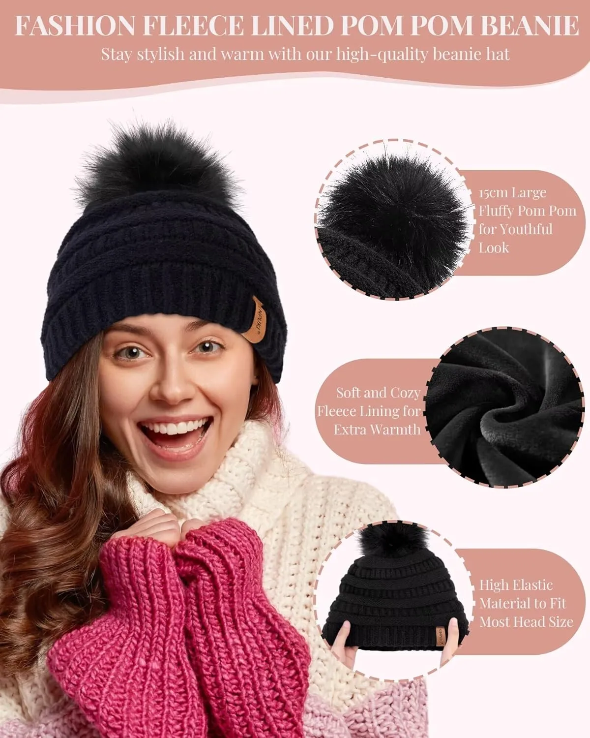 Womens Winter Beanie Scarf Gloves Set, Pom Pom Hat with Warm Fleece Lined Long Knit Scarf Touchscreen Gloves for Cold Weather