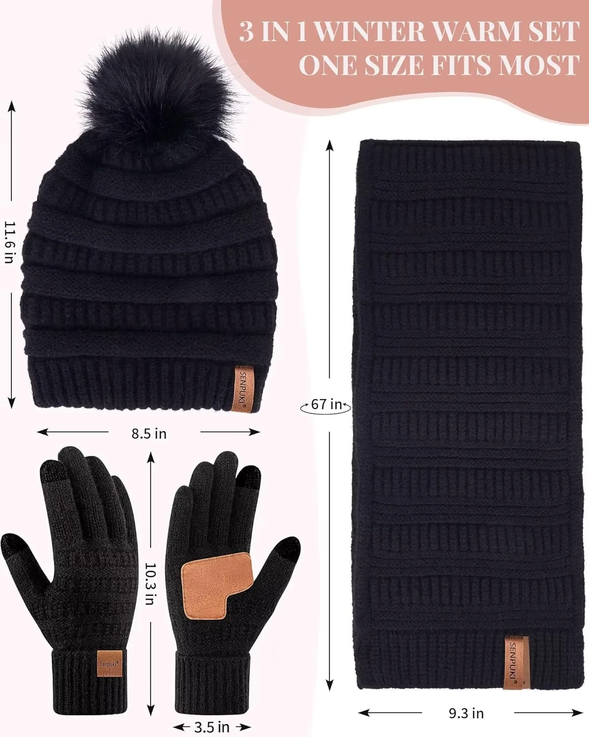 Womens Winter Beanie Scarf Gloves Set, Pom Pom Hat with Warm Fleece Lined Long Knit Scarf Touchscreen Gloves for Cold Weather