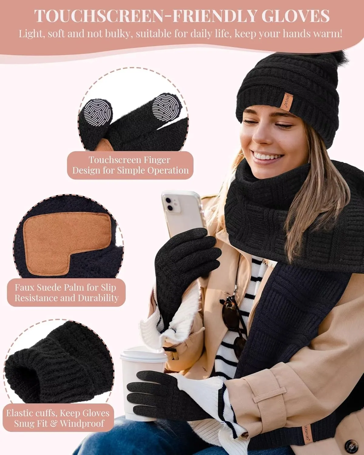 Womens Winter Beanie Scarf Gloves Set, Pom Pom Hat with Warm Fleece Lined Long Knit Scarf Touchscreen Gloves for Cold Weather