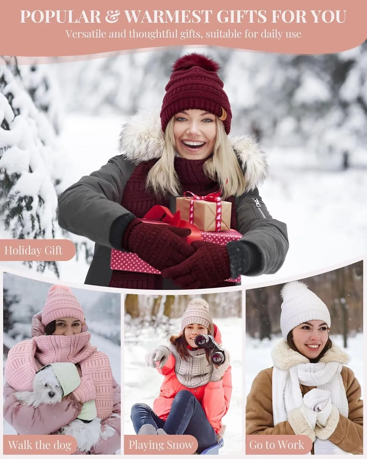 Womens Winter Beanie Scarf Gloves Set, Pom Pom Hat with Warm Fleece Lined Long Knit Scarf Touchscreen Gloves for Cold Weather