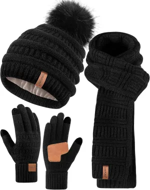 Womens Winter Beanie Scarf Gloves Set, Pom Pom Hat with Warm Fleece Lined Long Knit Scarf Touchscreen Gloves for Cold Weather