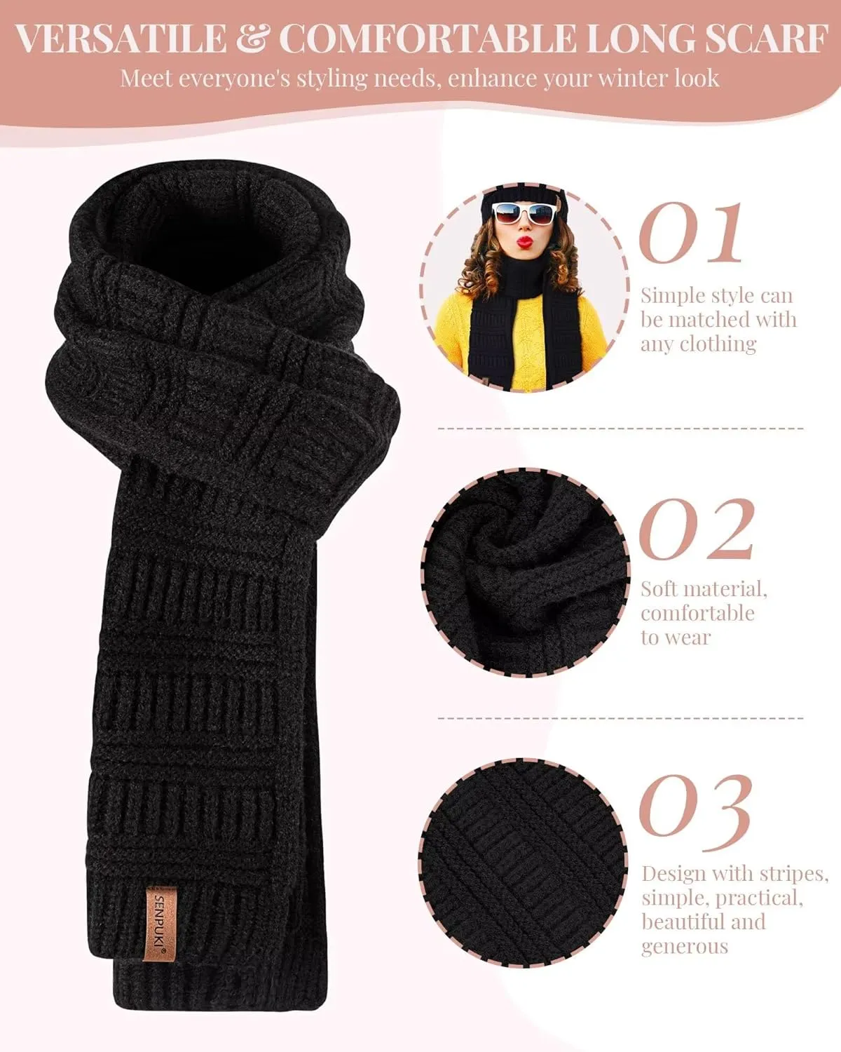 Womens Winter Beanie Scarf Gloves Set, Pom Pom Hat with Warm Fleece Lined Long Knit Scarf Touchscreen Gloves for Cold Weather
