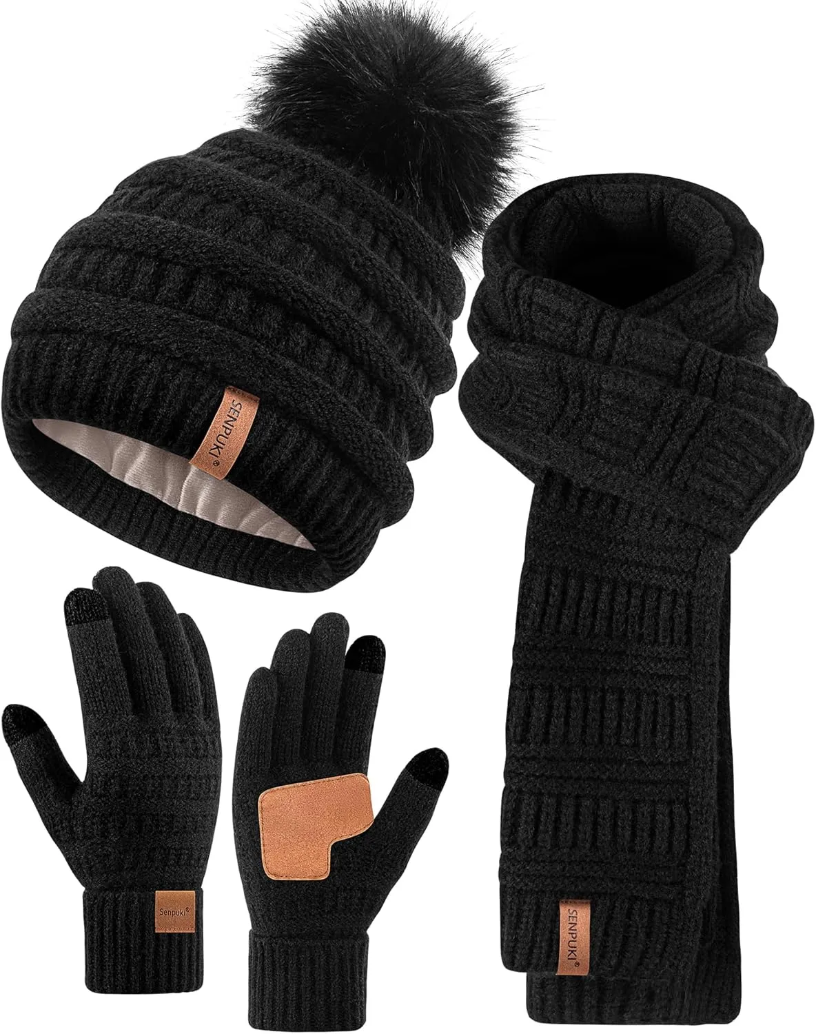 Womens Winter Beanie Scarf Gloves Set, Pom Pom Hat with Warm Fleece Lined Long Knit Scarf Touchscreen Gloves for Cold Weather
