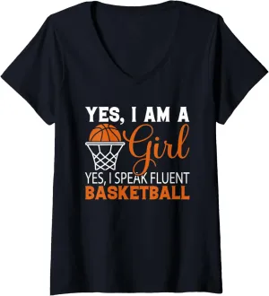 Womens YES I am a Girl Yes i speak fluent BB - Basketball Lover V-Neck T-Shirt