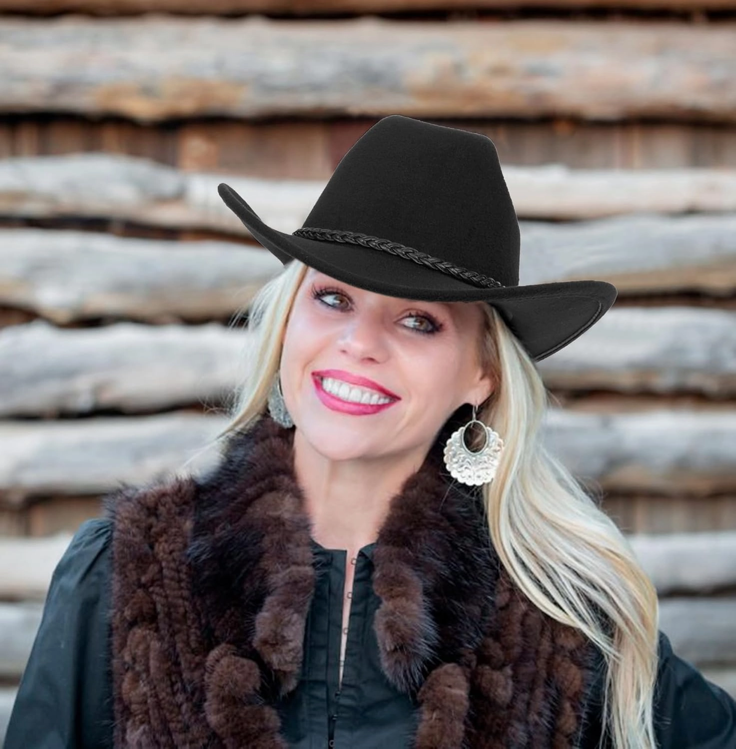 Womens Western Cowboy Hats Studded Pinched Western Cowgirl Hats Wide Brim Fedoras Hat with Belt Buckle (Size:Medium)
