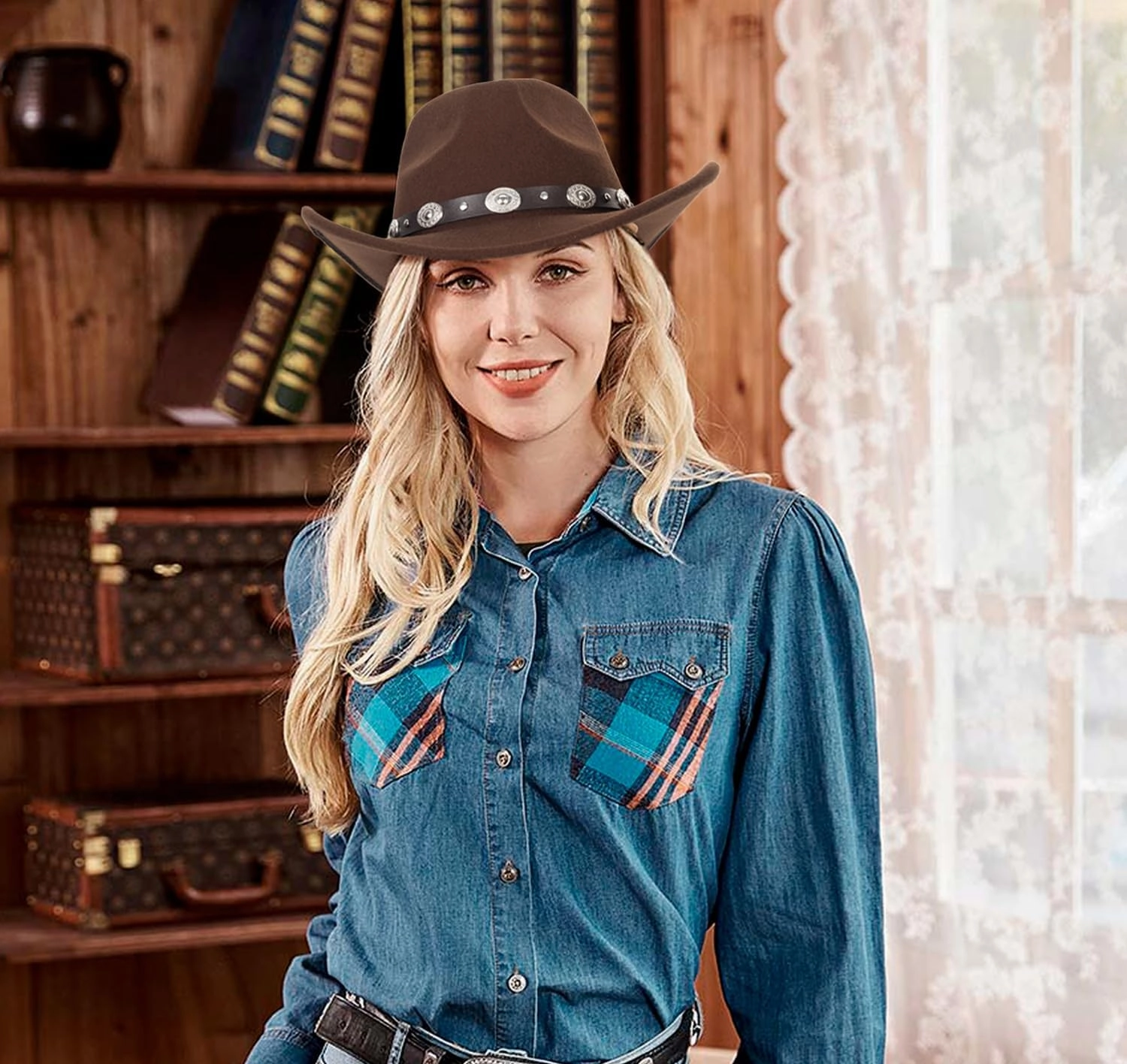 Womens Western Cowboy Hats Studded Pinched Western Cowgirl Hats Wide Brim Fedoras Hat with Belt Buckle (Size:Medium)