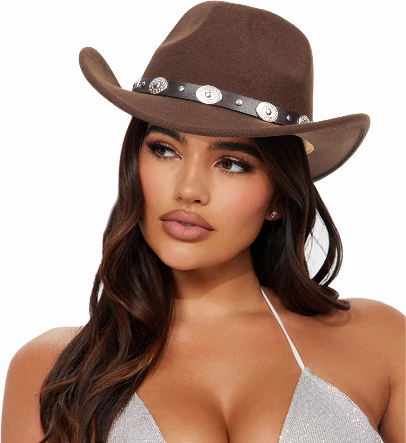 Womens Western Cowboy Hats Studded Pinched Western Cowgirl Hats Wide Brim Fedoras Hat with Belt Buckle (Size:Medium)