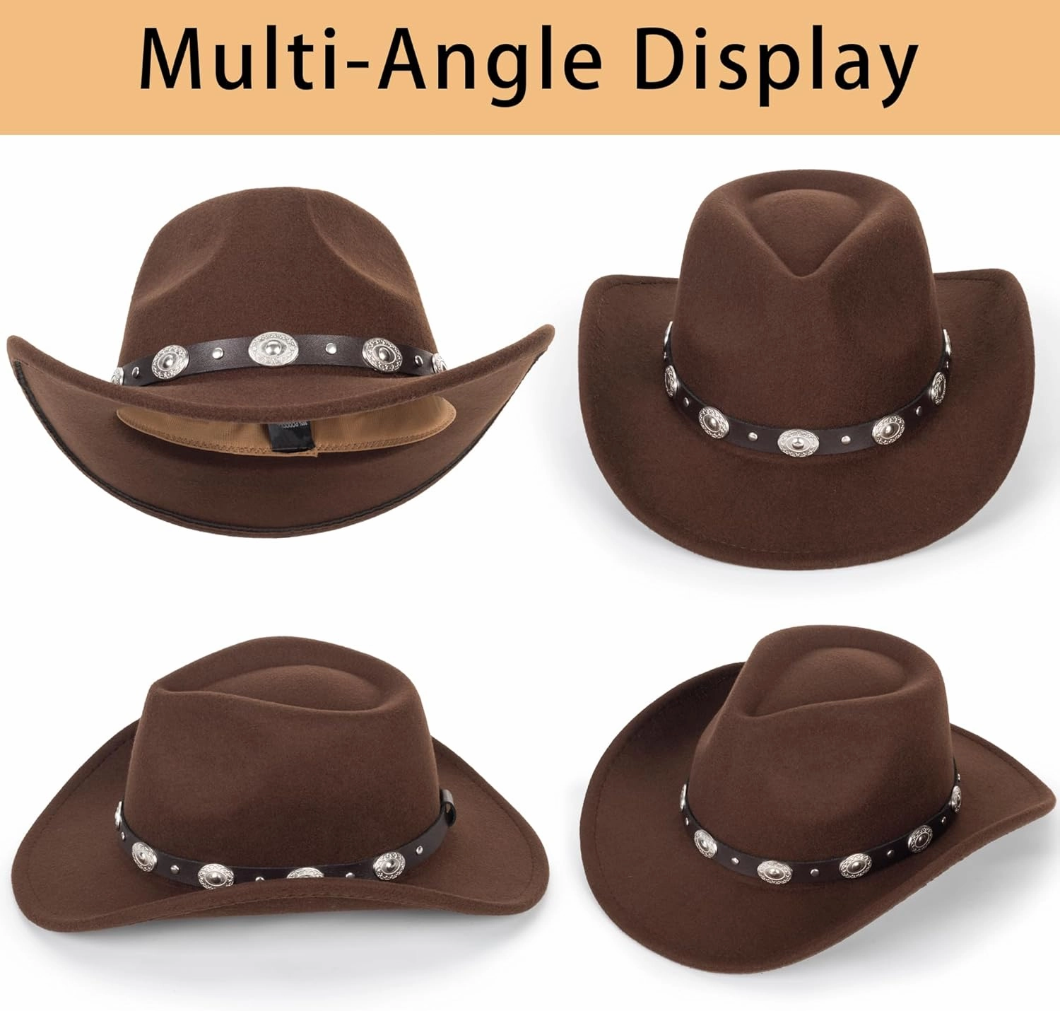Womens Western Cowboy Hats Studded Pinched Western Cowgirl Hats Wide Brim Fedoras Hat with Belt Buckle (Size:Medium)