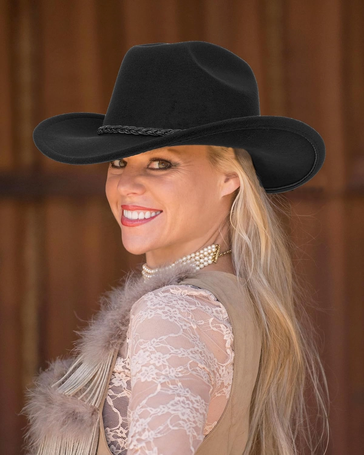 Womens Western Cowboy Hats Studded Pinched Western Cowgirl Hats Wide Brim Fedoras Hat with Belt Buckle (Size:Medium)