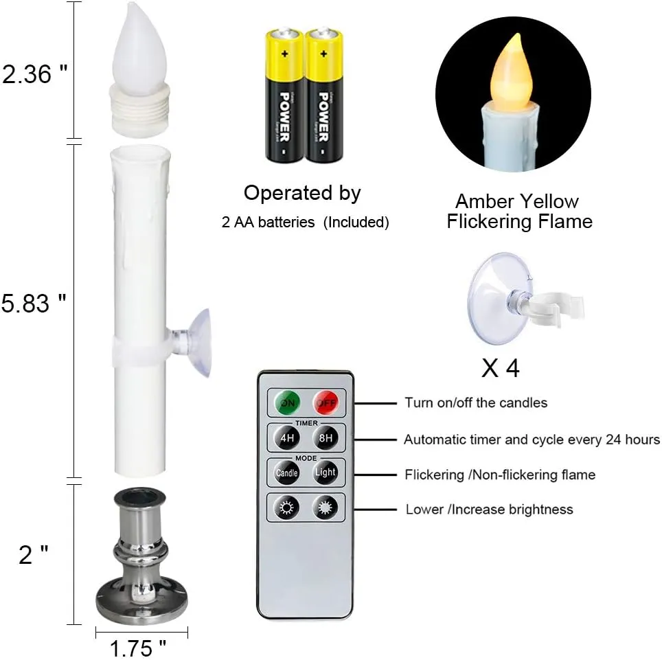 Wondise Flameless Window Candles with Remote and Timer, Battery Operated Flickering Candles with Silver Holders and Suction Cups, Battery Included, for Holiday Decoration, Set of 4(D1 x H7 Inch)