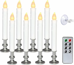 Wondise Flameless Window Candles with Remote and Timer, Battery Operated Silver Holders and Suction Cups White Candles for Christmas Home Decoration, Set of 8(D1.75 x H9 Inch)