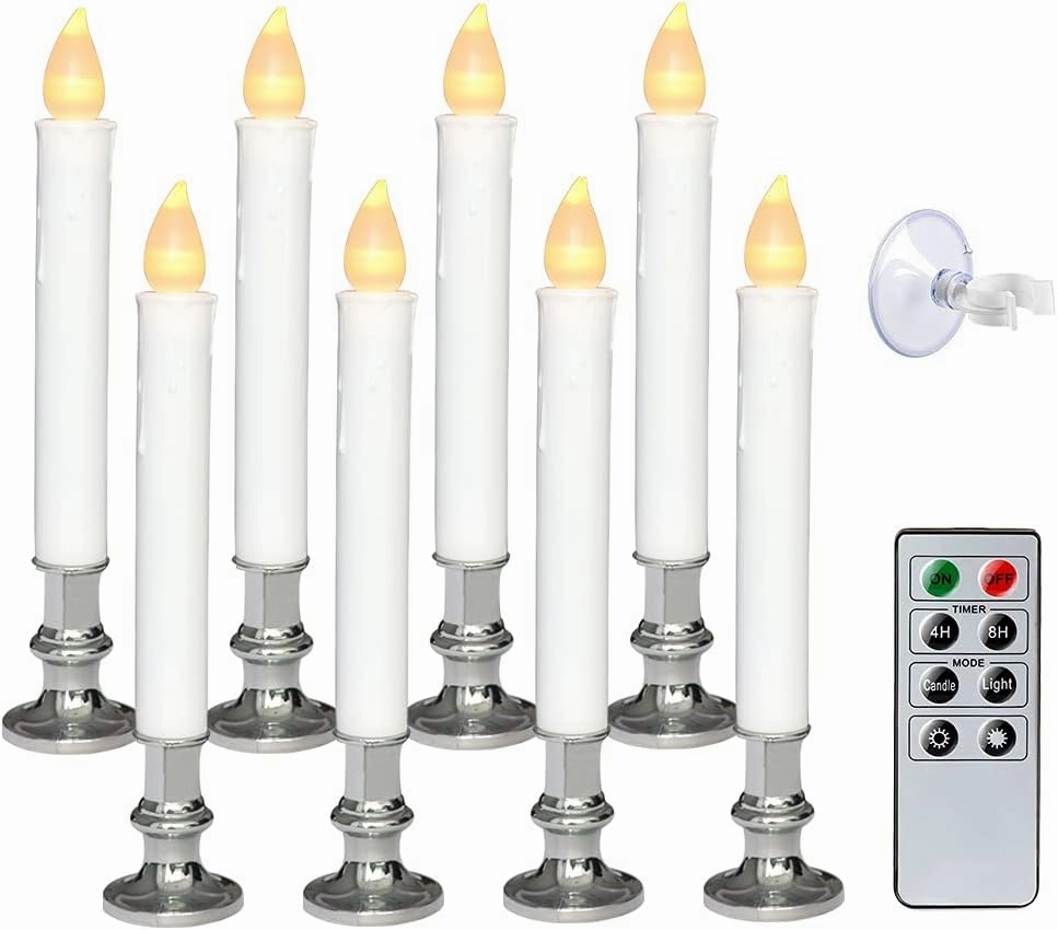 Wondise Flameless Window Candles with Remote and Timer, Battery Operated Silver Holders and Suction Cups White Candles for Christmas Home Decoration, Set of 8(D1.75 x H9 Inch)