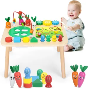 Wooden Activity Table for 1  Years Old Girls Boys, 7-in-1 Montessori Toys with Fishing Game Bead Maze Shape Sorter Toy, Baby Sensory Toys Toddler Toys, Toddler Kids First Birthday Gift (Red)