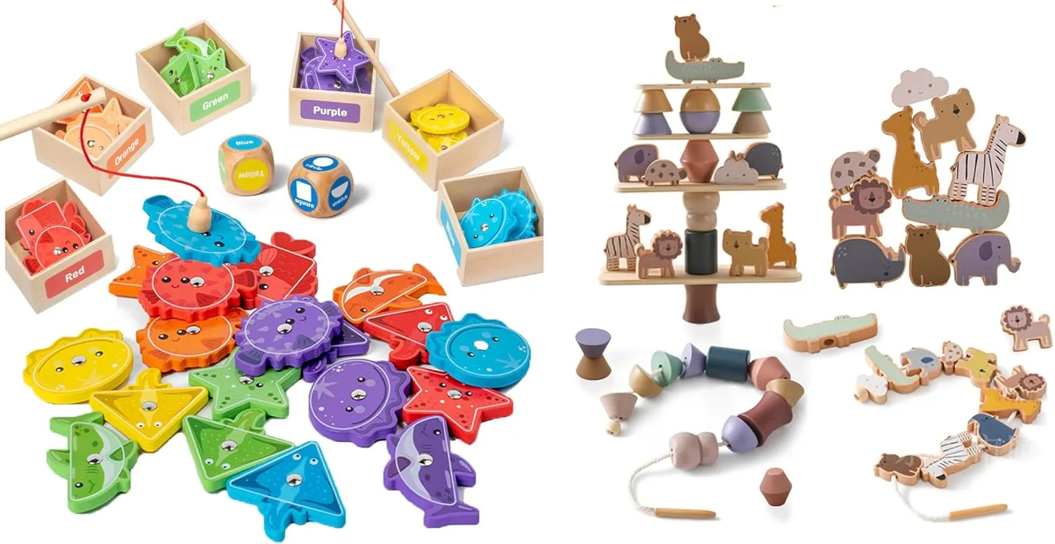 Wooden Magnetic Fishing Game & Animals Threading Toys