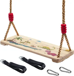 Wooden Swing Seat, Nostalgic Outdoor Wood Swing for Kids Adults, Tree Straps Set Accessories for Backyard Patio Garden Playground, Height Adjustable (Beige)