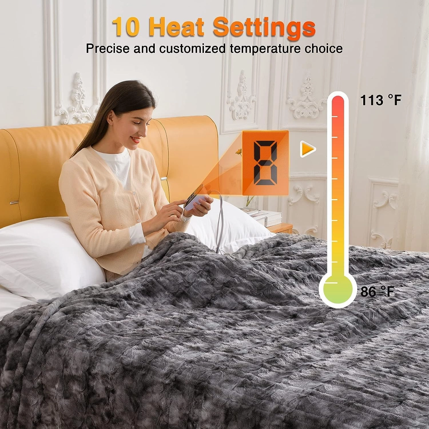 WOOMER Heated Blanket Twin Size Electric Blanket 62"x 84", Soft Faux Fur Fast Heating Blanket, 10 Heating Levels & 0.5-12H Auto Off, Over-Heat Protection, ETL Certification