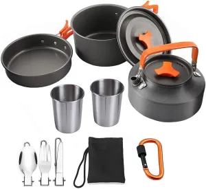 XhuangTech 10PCS Camping Cookware Mess Kit,Camping Pot and Pan Set with Kettle,Lightweight Portable Camping Cooking Set for Hiking,Backpacking,Outdoor and Picnic (Orange)