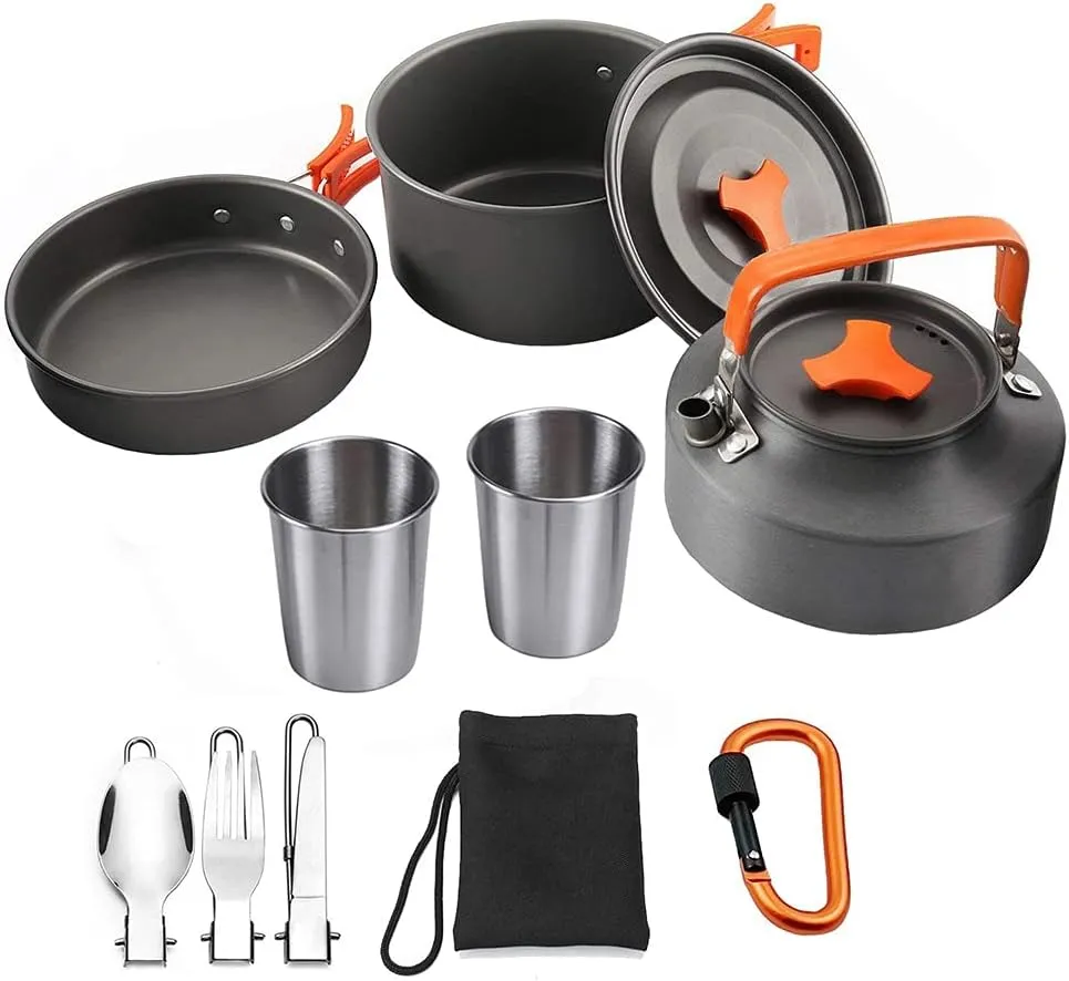 XhuangTech 10PCS Camping Cookware Mess Kit,Camping Pot and Pan Set with Kettle,Lightweight Portable Camping Cooking Set for Hiking,Backpacking,Outdoor and Picnic (Orange)