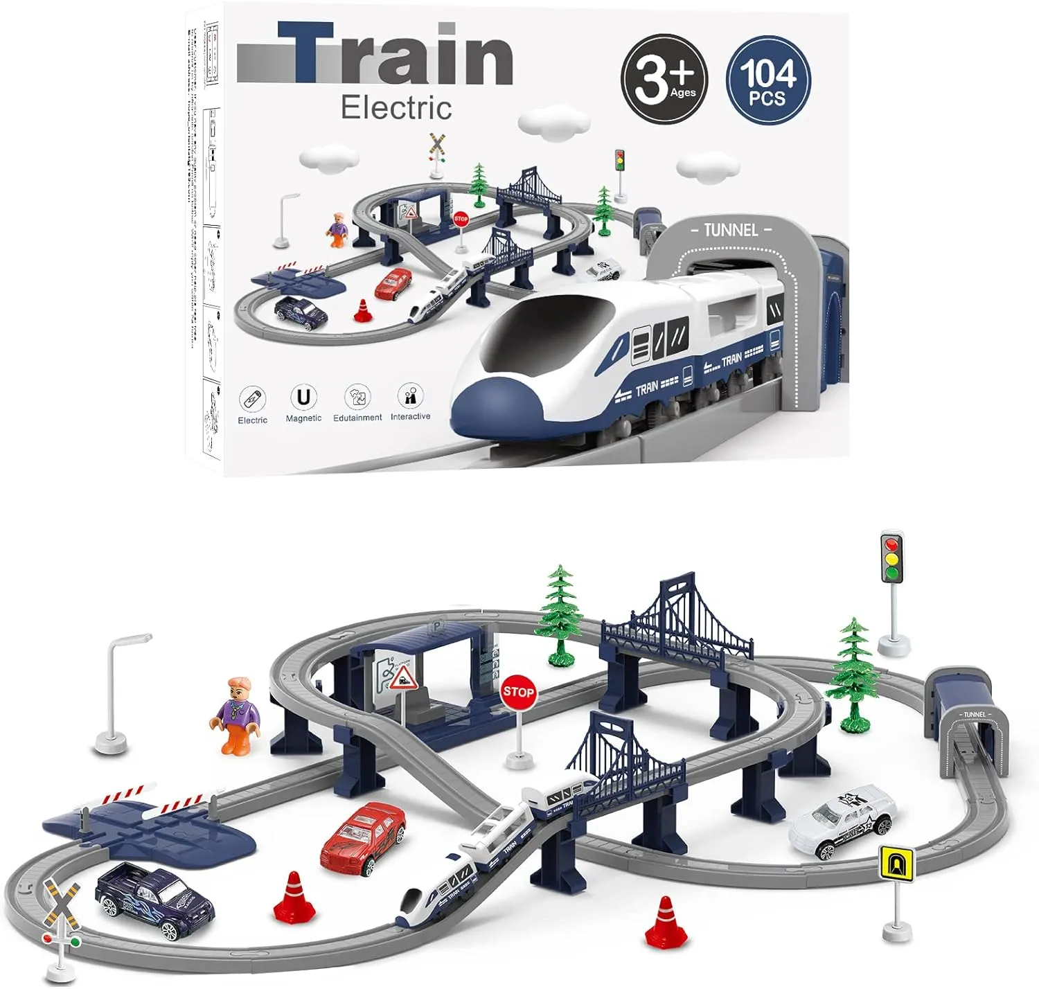 XIAPIA Railway Learning Educational Toys, Train Sets for Kids Boys Girls Age 3 Years Up, 66 Pcs Electric Track Accessories Car Set Christmas Xmas New Year Gifts (104PCS)