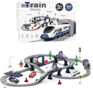 XIAPIA Railway Learning Educational Toys, Train Sets for Kids Boys Girls Age 3 Years Up, 66 Pcs Electric Track Accessories Car Set Christmas Xmas New Year Gifts (104PCS)