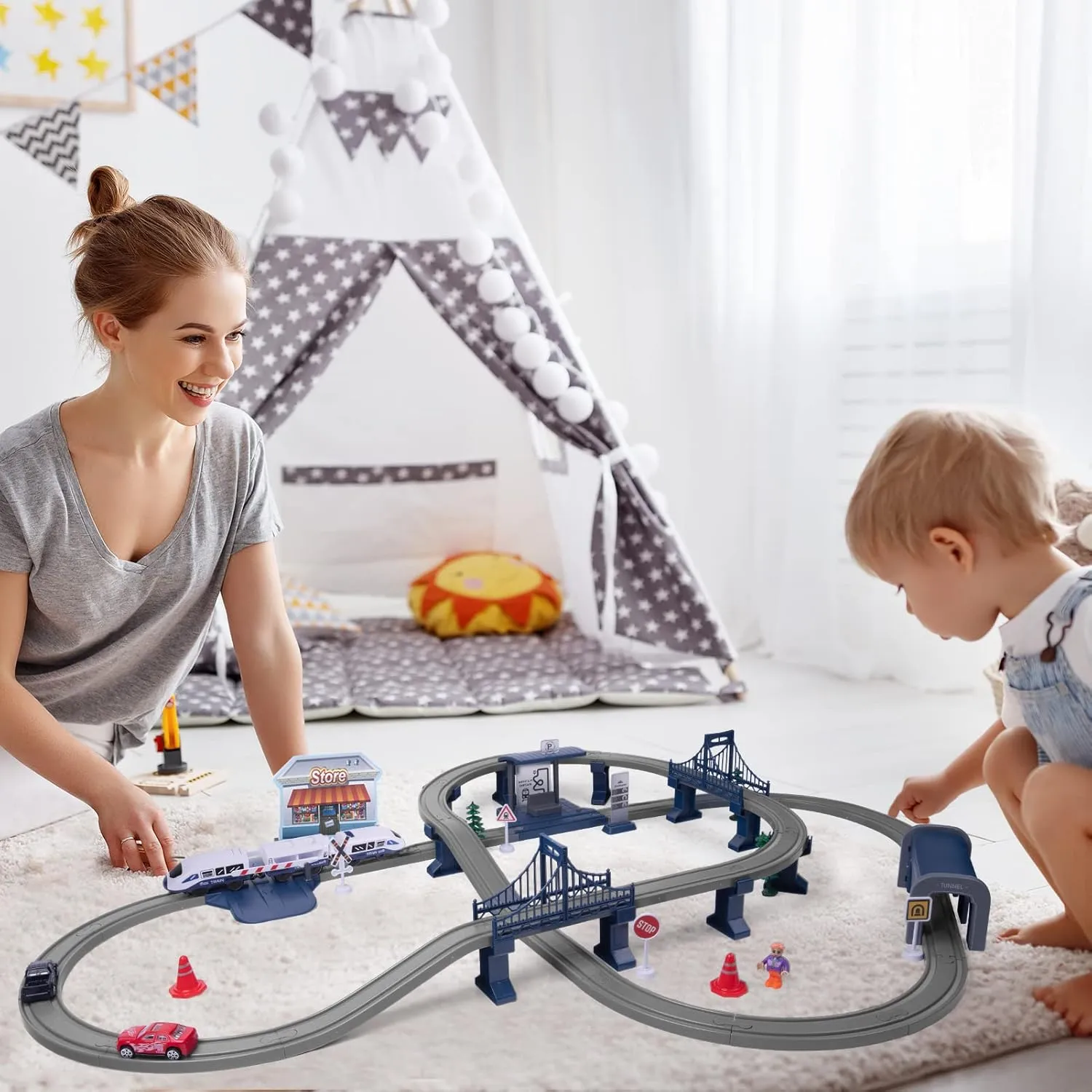 XIAPIA Railway Learning Educational Toys, Train Sets for Kids Boys Girls Age 3 Years Up, 66 Pcs Electric Track Accessories Car Set Christmas Xmas New Year Gifts (104PCS)