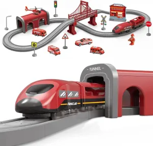 XIAPIA Railway Learning Educational Toys, Train Sets for Kids Boys Girls Age 3 Years Up, 66 Pcs Electric Track Accessories Car Set Christmas Xmas New Year Gifts (66 PCS-B)