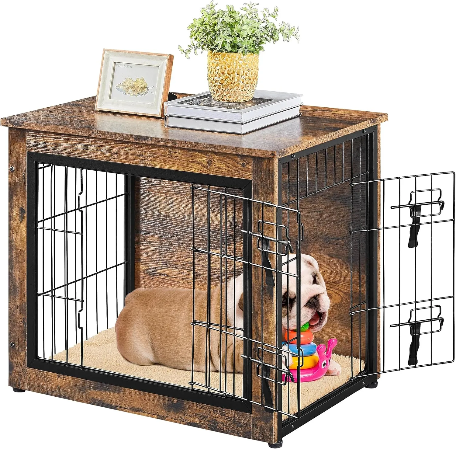 Yaheetech 27.5'' Dog Crate Furniture with Cushion Wooden Dog Crate with Double Doors/Adjustable Feet Side End Table for Small/Medium Dogs, 27.5" L x 20" W x 24" H