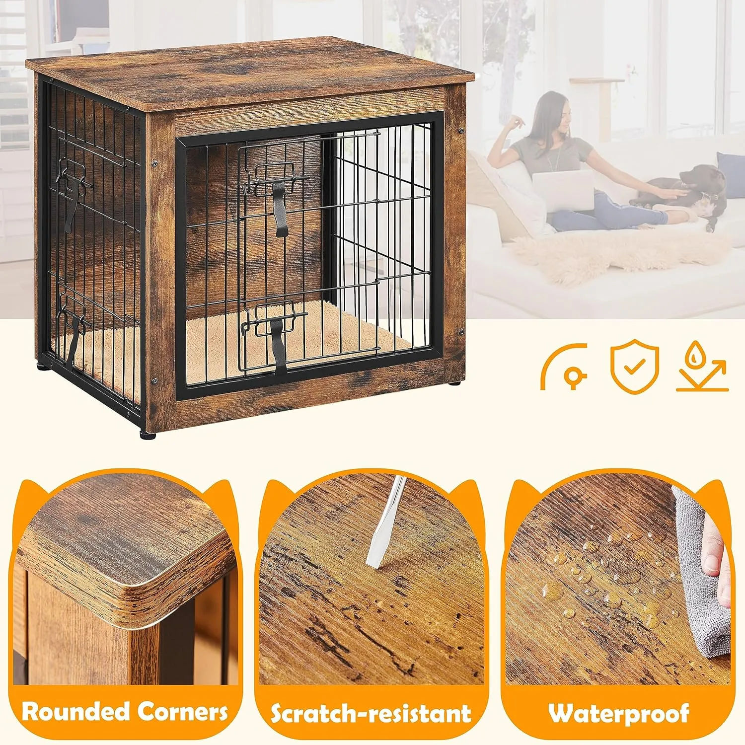 Yaheetech 27.5'' Dog Crate Furniture with Cushion Wooden Dog Crate with Double Doors/Adjustable Feet Side End Table for Small/Medium Dogs, 27.5" L x 20" W x 24" H