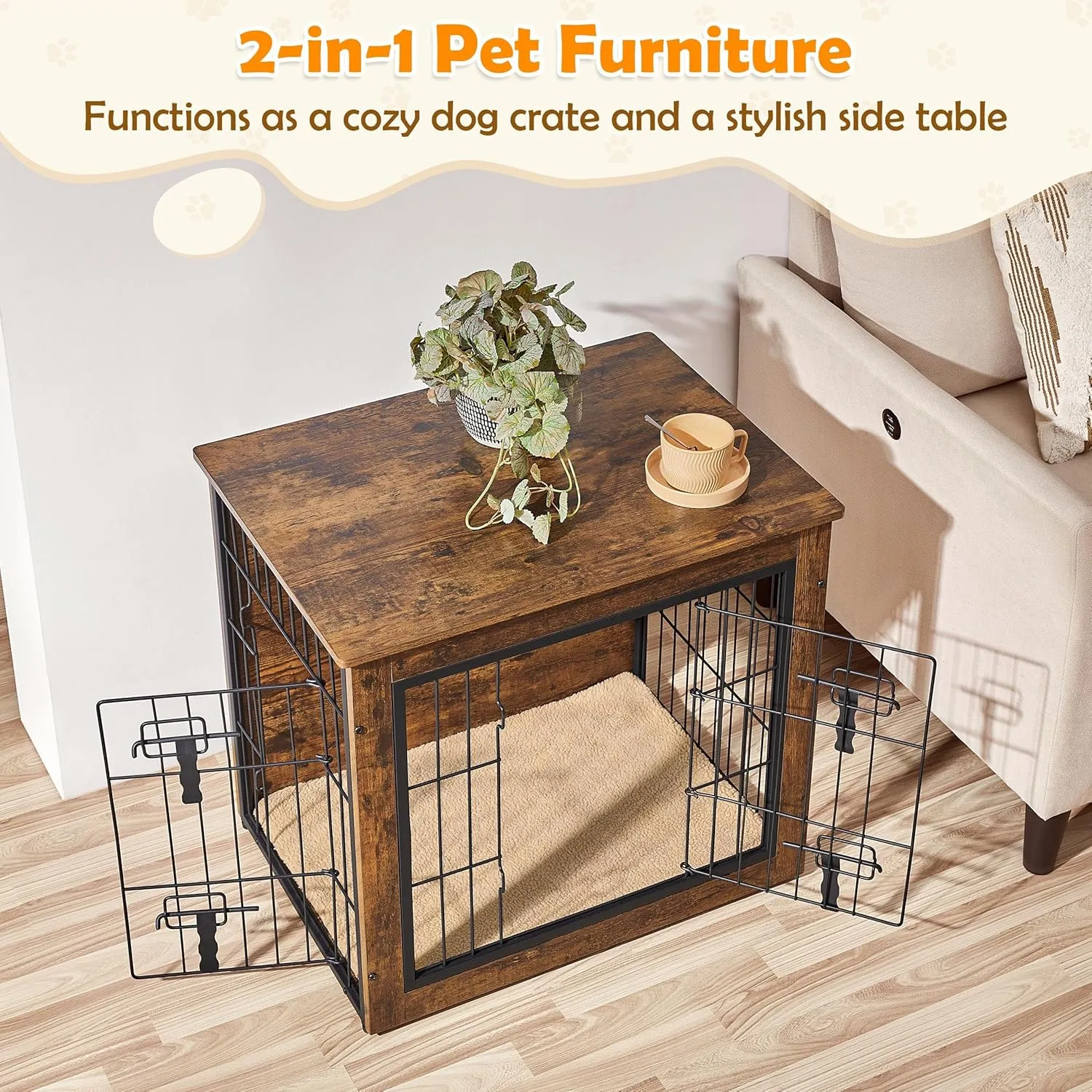 Yaheetech 27.5'' Dog Crate Furniture with Cushion Wooden Dog Crate with Double Doors/Adjustable Feet Side End Table for Small/Medium Dogs, 27.5" L x 20" W x 24" H